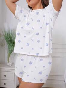 2pcs Set White Base Minimalist Ocean Summer Elements Blue Seahorse Shell Conch Coral Starfish Print Sleepwear Set For Women, Comfortable Short Sleeve Round Neck Pullover Shirt And Elastic Waist Shorts, Stylish For Outdoor, Indoor, All Seasons - 白色 - 查看 2