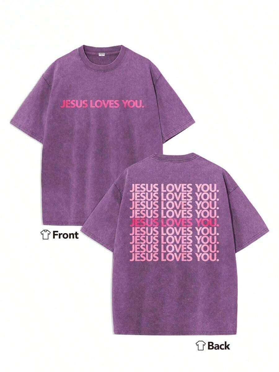 Summer Tops2026Heavyweight Washed T-Shirt - Jesus Loves You Religious Graphic T-Shirt, Pink-Green Background With Pink Letter Double-Sided Print - Chr - 紫色 - 查看 1