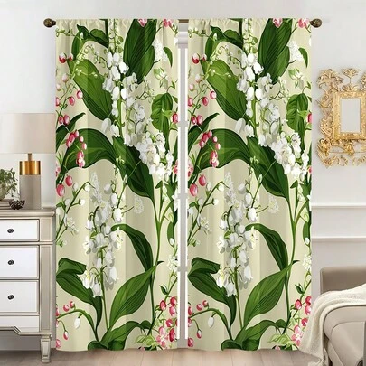 2PCS Multicolor Lily Of The Valley Floral Green Leaf Fresh Natural Pastoral Style Flat Printed Curtains, 100% Polyester Fabric, Rod Pocket, No Lining, 90gsm, 180cm Width, Perfect For Bedroom, Living Room, Dining Room, Bathroom, Outdoor Curtains