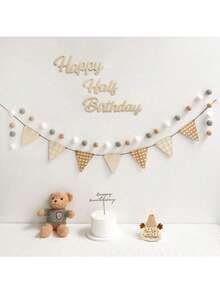 4pcs Non-Woven 6-Month Happy Birthday Decoration Set, Includes Pre-Strung Simple Khaki Celebration Banners & Wreaths, No DIY Required, Party Supplies - Half Year Old - View 7