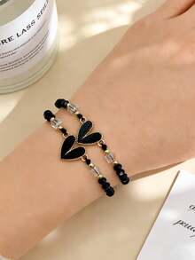 This Multi-Piece Heart-Shaped Bracelet Set Features Handwoven Rope And Heart-Shaped Pendants, Making It The Perfect Choice For A Women's Bracelet Set. It Is Ideal For Gifting On Occasions Like Mother's Day, Father's Day, Valentine's Day, Thanksgiving, Etc. Available In Red, Pink, Blue, Black, Purple, And White Colors. - Love - View 9