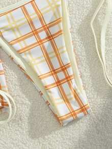 Bộ bikini 3 món dành cho nữ, màu be và cam kẻ caro, thích hợp phối hợp với quần bơi, tuyệt vời cho kỳ nghỉ hè ở bãi biển và tiệc bể bơi. - Màu be - Xem 6