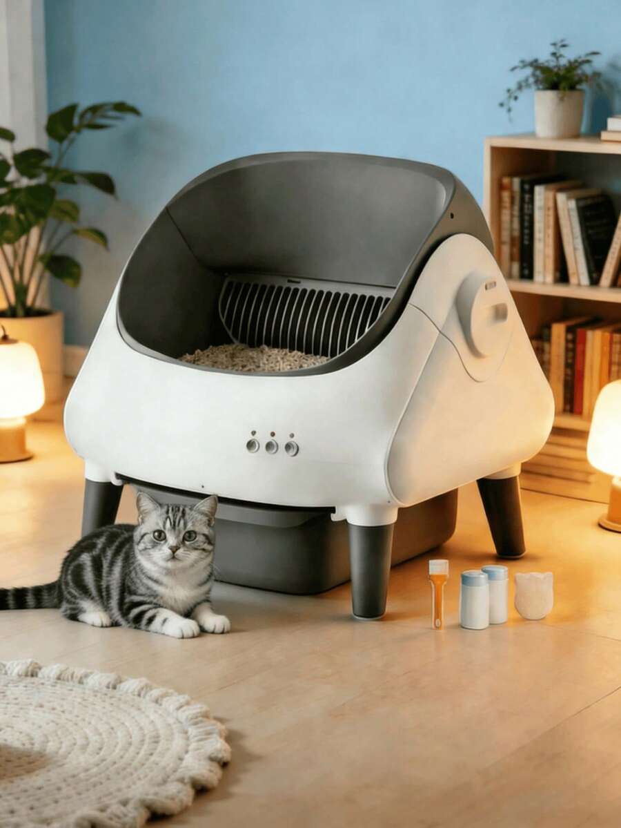 Open-Top Automatic Cat Litter Box, Self Cleaning Litter Box For Multi-Cat Families, APP Control, Safety Protection, 10.5L Large Waste Bin, White, 1 Roll Waste Bag - Xem 1