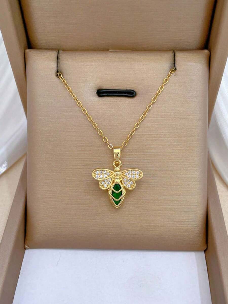 1件绿色蜜蜂吊坠项链，奢华立方氧化锆项链，百搭钛钢链项链，女士款 - 均碼 - 查看 1