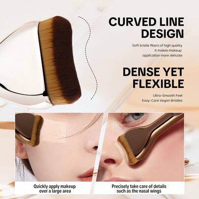 1pc New Tongue-Shaped Foundation Brush, Ultra-Thin Seamless Base Makeup, Flat Head Asymmetric Fan-Shaped Curved Fit, Zero Brush Marks Application. High-Density PBT Bionic Fiber Bristles + Aerospace-Grade Aluminum Alloy Handle, Minimalist Luxurious Style. Streamlined Curved Brush Head + Ergonomic Matte Metal Handle, Seamless Integration, Economical On Makeup, Smooth And Thin Flawless Application. Professional Makeup Brush, Suitable For Liquid And Cream Foundation, Essential For Daily Commute And Beginner Makeup.