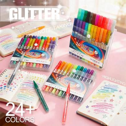 Glitter Acrylic Marker Pen Set, Student Art Painting Brush, Highlighter Marker Pen With Flashlight Effect, 1.0mm Thick Tip, Vivid Colors, Smooth Writing, Quick Drying, Waterproof, Suitable For Journaling, Painting, Note-Taking, Doodling And More