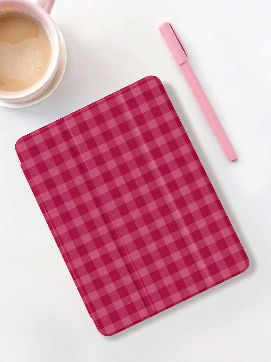 1pc Pink Plaid, Dual-Tone Plaid Pattern Tablet Protective Case With Tri-Fold Stand, Compatible With 10.2", Pro 2021/2020/ (A16) 11", 11th Gen 2025/10th Gen, Galaxy Tab A8 10.5" 2022, Matepad 10.4/Tab, , Anti-Drop, Pen Slot, Sleep/Wake Support, Romantic Valentine's Day Gift - Multicolor - View 1