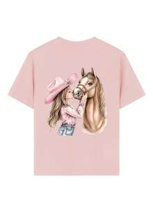 少女休闲趣味印花圆领短袖T恤，夏季上衣 - 粉色 - 查看 4