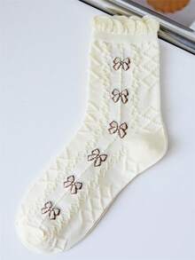 1 Pair Women's Socks With 3D Bow Ruffle Embossed Design, Bubble Hem Mid-Calf Socks, Spring/Summer - Camel - View 4