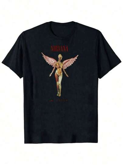 Camisetas de manga larga de estilo hip-hop a la moda para hombre - Camisetas negras con estampado gráfico de Nirvanas Angel, ropa urbana, camisetas gráficas, camisetas vintage divertidas, corte regular, estilo urbano, estampado digital, regalo ideal, camisetas deportivas de ocio para hombre y mujer, camisetas gráficas ligeras y transpirables 100% algodón para hombre y mujer - Corte regular, cuello redondo, atuendo casual - Top casual de manga corta con cuello redondo, tela de elasticidad media, ajuste cómodo para todas las estaciones, camiseta con diseño único, corte relajado, ropa casual.