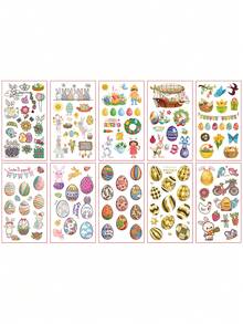 10张，共136个卡通复活节彩蛋和兔子图案的临时纹身贴纸，防水，可持续2-5天，适合作为节日派对礼物。 - 彩色 - 查看 9