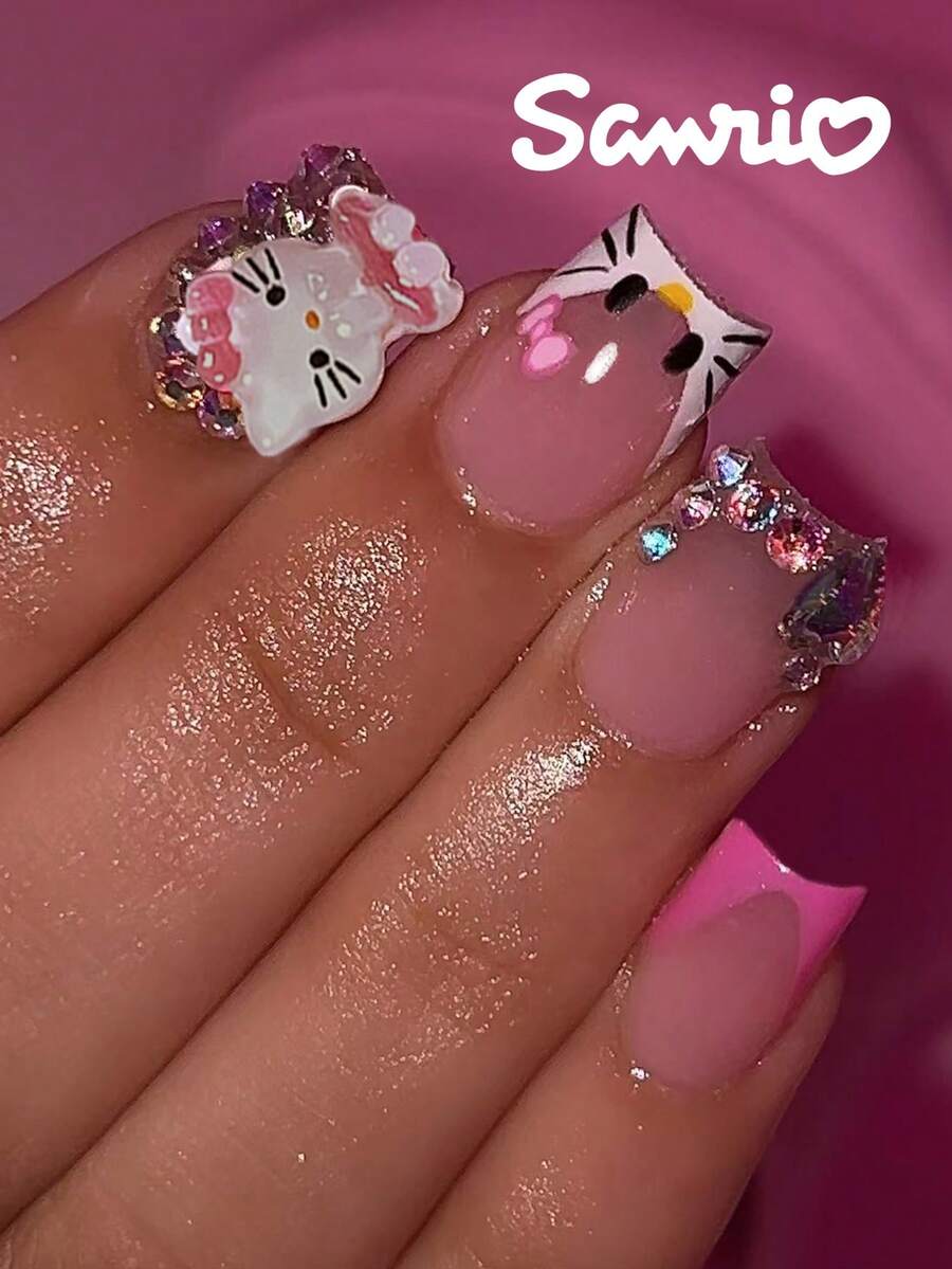 SANRIO 24片短方形3D凝胶美甲贴纸 - 可爱的3D设计，饰有水钻和花朵，完美贴合亚克力指甲，包含1瓶胶水和1个指甲锉，适合女性日常生活和派对场合 - 彩色 - 查看 1