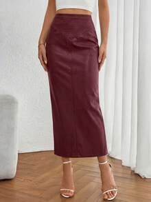 Women's New Fall Faux Leather Maxi Skirt, High Waist, Elegant Casual Pencil Maxi Skirt Slit Design New Years Valentine Vacation Skirt - 酒紅色 - 查看 4