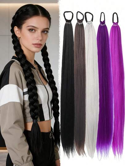 28英寸长直发合成纤维马尾假发，编织马尾假发，多功能弹力带，优雅黑色假发，天然柔软纤维，适合多种肤色