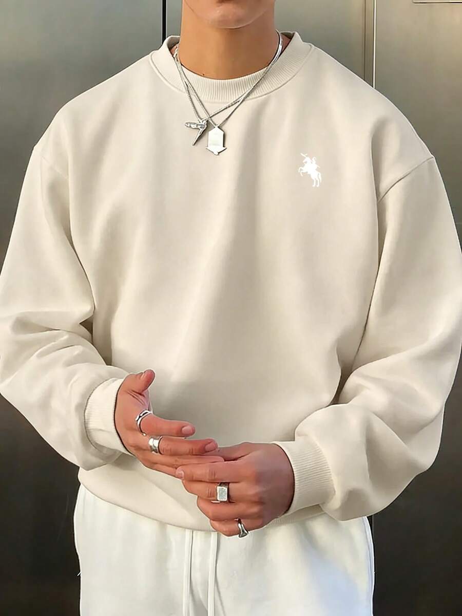 Áo sweatshirt nam cổ tròn in hình ngựa, kiểu dáng tối giản, đa năng, thích hợp mặc hàng ngày đi làm, mùa xuân/thu. - Màu be - Xem 1