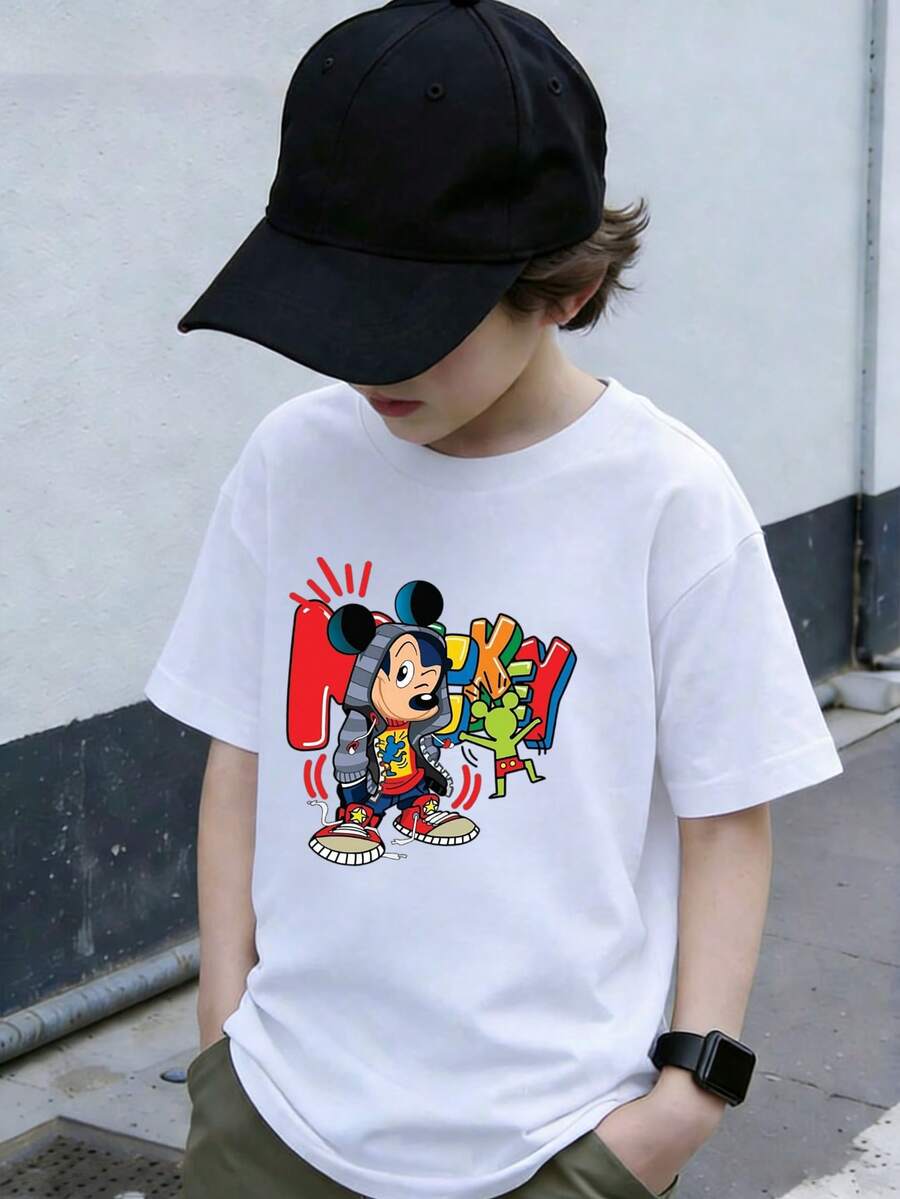 Disney Mickey Mouse Graffiti Print Unisex Kids T-Shirt For Ages 2-14 - Everyday Casual Top, Express Delivery - 白色 - 查看 1