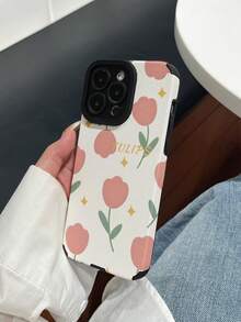 1pc TPU Cat Eye Vertical Striped Phone Case, Pink Tulip Pattern Design, Minimalist & Fashionable, Soft & Comfortable Grip, Compatible With IPhone/16/15/14/13/12/11/Plus/Max/Pro - Multicolor - View 4