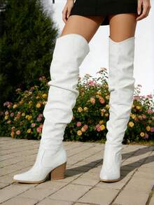White Cowboy Boots Women Thigh High Boots Women With Low Block Chunky Heel V-Cut Pointed Toe Shoes Western Cowgirl Fashion Country Concert Summer Boots Combat Boots For Women - trắng - Xem 4