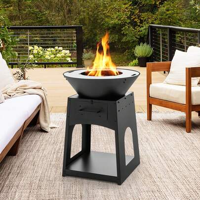  COSTWAY Patio Fire Pit With Firewood Log Rack, Outdoor Wood Burning Fireplace With Grill & Ash Box, Spacious Bottom Storage Compartment, Fire Poker & Gloves Included, Multifunctional Fire Pit For BBQ, Bonfire, Black