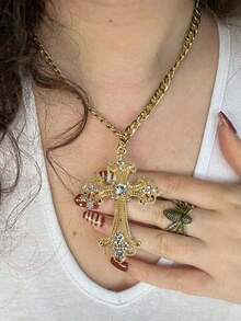 1pc Fashionable Rhinestone Hollow Cross Punk Style Titanium Steel Gold Pendant Necklace, Suitable For Party, Festival And Daily Wear, 2026 New Arrival - Gold - View 1