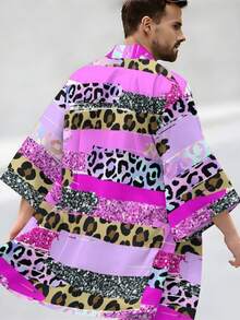 Eye-Catching Style Summer Pink-Purple Leopard & Sequin Patchwork Print Men's Loose Kimono Cardigan - 彩色 - 查看 6