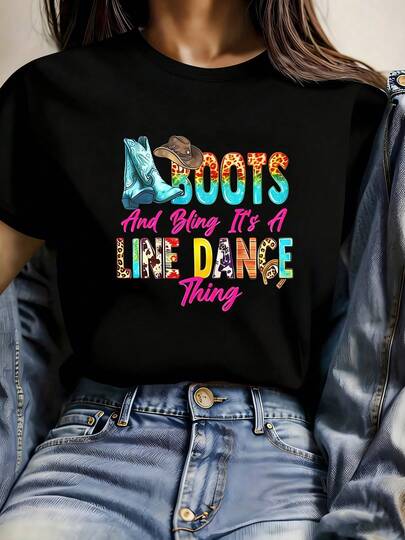 100% Pure, Leopard Letter Print Denim Shoes And Hats, Women's Round Neck Short-Sleeved T-Shirt, Cool, Breathable And Comfortable Summer T-Shirt, Suitable For Hiking And Walking.