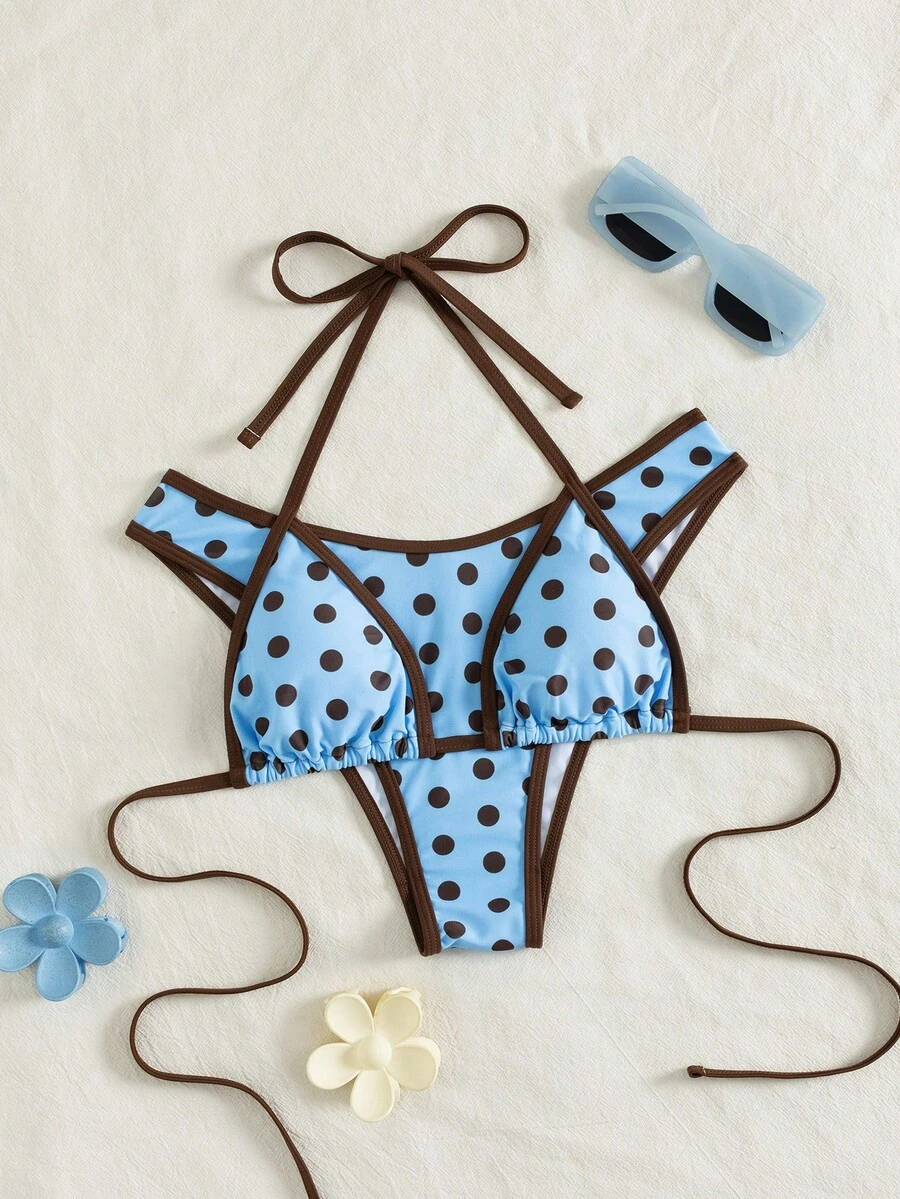 PEPPERMOLLY 两件套女士性感时尚黑白比基尼泳装，夏季沙滩度假装 - 天藍色 - 查看 1