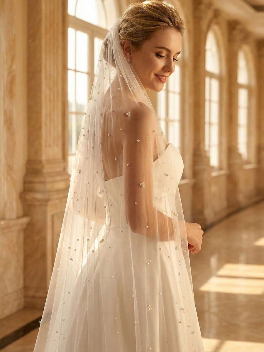 1pc Long Trailing Pearl Bridal Veil, Shiny French Elegant Soft Sheer Veil, Suitable For Cathedral Wedding - Multicolor - View 1