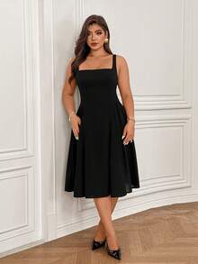 大码女式黑色无袖连衣裙，方领，高弹面料，夏季优雅款 - 黑色 - 查看 6