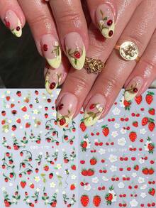 2 piezas Pegatinas 3D de verano con estampado de fresas dulces y margaritas, pegatinas de arte de uñas con diseños de fresas, mariquitas, hojas y enredaderas, suministros de manualidades adhesivos DIY - Multicolor - Ver 3