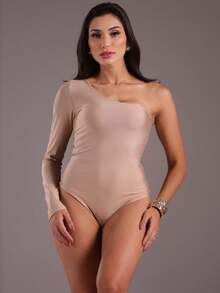 J.A.B.I Modas Women's Long Sleeve One Shoulder Bodysuit - 米色 - 查看 5
