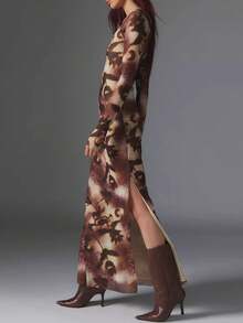 Summer Vibes Only: Women's Floral Print Long Dress With Boat Neck  Long Sleeve - Slim Fit Sheer Mesh Design For Beach Elegance - nâu đỏ - Xem 2