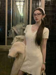 V-Neck Short Sleeve Knit Dress, Fitted A-Line Sweater Dress, Sexy Minimalist Style, Spring/Summer - Apricot - View 5