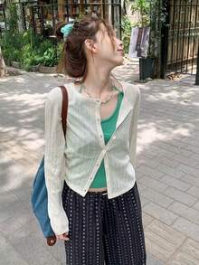 休闲简约镂空针织开衫，修身短款防晒外套，女士春夏款 - 杏色 - 查看 3