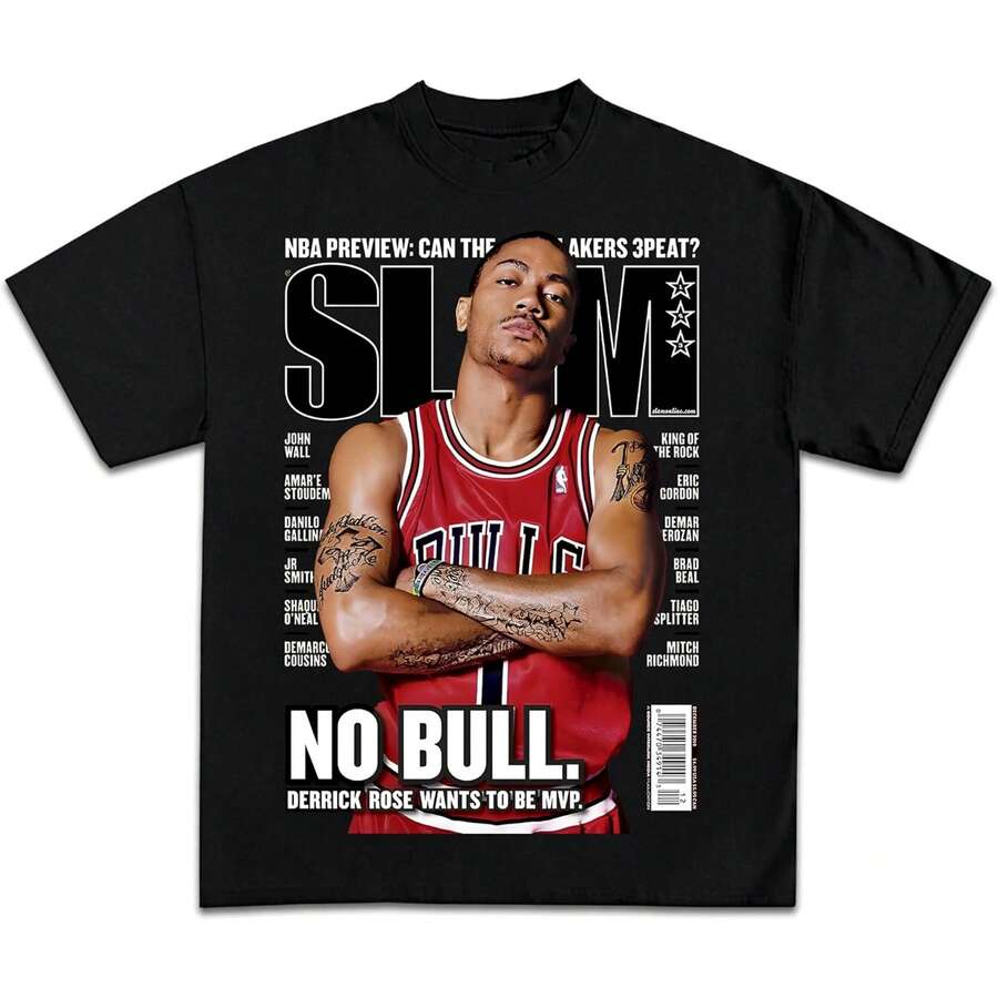 Slam Magazine Derrick Rose Casual Graphic Print Short Sleeve Crew Neck T-Shirt Vintage God's Plan Retro Heart Hands USA Mexico Flag Unisex Boxy Fit ShirtX1H0001 - 黑色 - 查看 1
