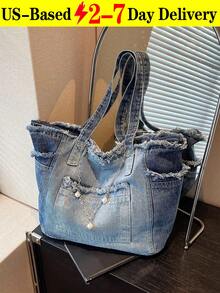Vintage Personalized Street Chain Decorated Jeans Tote Bag For Women, Versatile Commuting Large Capacity Raw Edge Ombre Design Shoulder Bag - Spacious Purse For Travel, Work, College, Holds Books, Laptop, Water Bottle, Umbrella & Phone In Classic Blue & Black Wash,Casual Multi-Pocket Handbag, Suitable For Shopping And Commuting., Perfect For Cow Girl[US Local Warehouse] - 彩色 - 查看 14