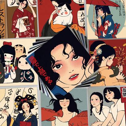 50张日式卡通贴纸，春日缤纷贴纸，装饰贴纸，可用于DIY装饰手账、iPad、日记本和平板电脑