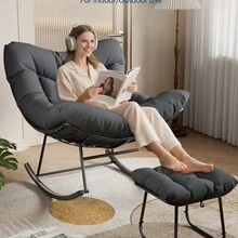LIZHOUMIL Boho Egg Rocking Chair Set With Ottoman, Stylish Wire Patio Lounge Chair, Cozy Outdoor Accent Seat With Soft Padded Cushion, Modern Rocker For Porch, Backyard, Living Room, 2-Piece Set - Gray Staple Cloth - View 6
