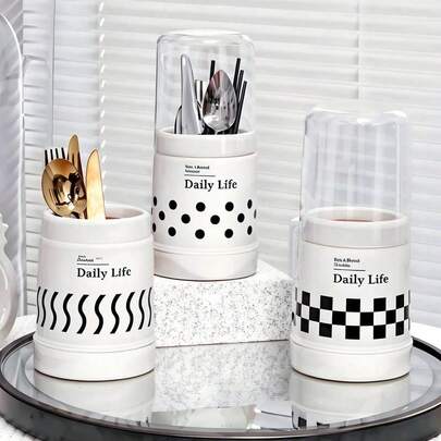 1 pieza Soporte creativo de almacenamiento de cubiertos y palillos en blanco y negro, cesta de almacenamiento de utensilios de cocina para el hogar, soporte multifuncional para palillos y raquetas con drenaje, caja de almacenamiento de cubiertos con tapa; caja de almacenamiento de palillos y cubiertos con drenaje, hecha de material PP duradero, perfecta para uso doméstico y de restaurante