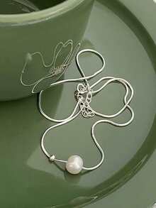 1pc S925 Sterling Silver Minimalist Round Pearl Necklace, Women's Elegant Lightweight Luxury Beaded Snake Chain Gift - Pearl - View 5