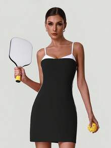 Women's Contrast Color Adjustable Spaghetti Strap Yoga Tennis Sports Dress Built-In Tummy Control Shorts - Black - View 7