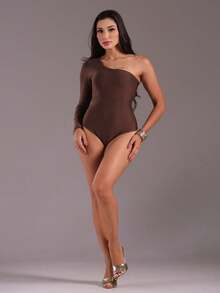 J.A.B.I Modas Women's Long Sleeve One Shoulder Bodysuit - Chocolate Brown - View 4