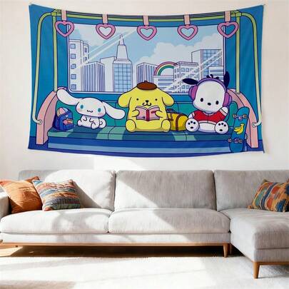  1 pieza Tapiz de Sanrio Cinnamoroll Pompompurin y Pochacco - Lindo tapiz de pared de anime con fondo de autobús azul y decoraciones de corazón, decoraciones culturales para el dormitorio, regalo de cumpleaños o Navidad