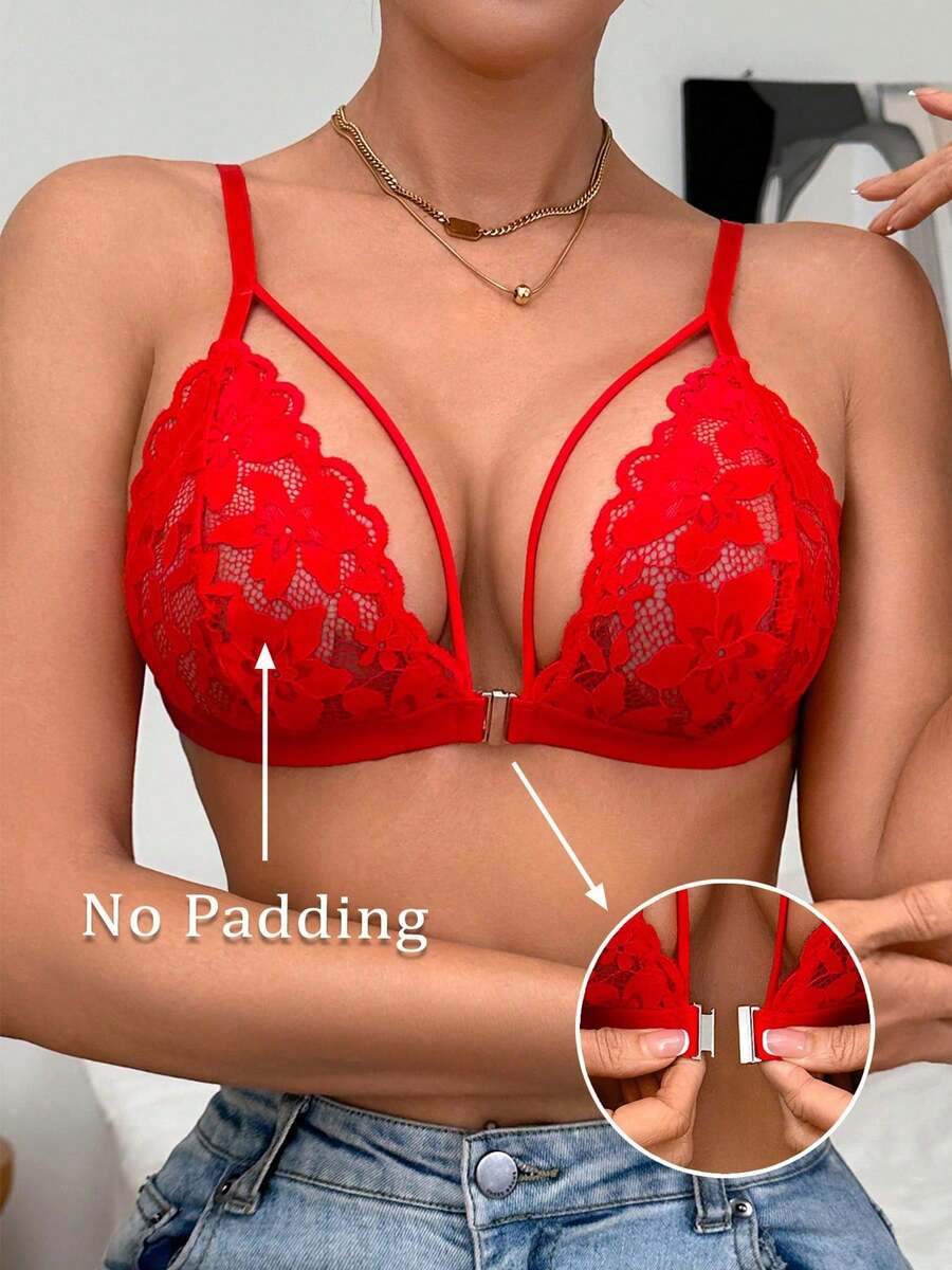 1 pieza Sujetador con cierre frontal de encaje inalámbrico para mujeres