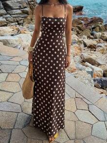 Đầm maxi nữ Unadoll mùa xuân hè, họa tiết chấm bi lớn kiểu Pháp, cổ vuông, dây mảnh, hở lưng, thắt eo, màu nâu đậm, thích hợp cho kỳ nghỉ biển, kiểu dáng thanh lịch. - màu nâu - Xem 9