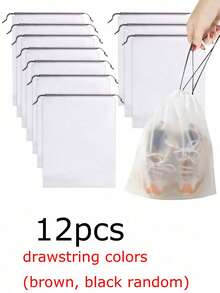 6/12 piezas Bolsas de almacenamiento de plástico transparente grandes, bolsas de zapatos de viaje portátiles, bolsas de zapatos impermeables, contenedores de almacenamiento de zapatos con cordón, fundas de zapatos de viaje neutras con cordón, bolsas de embalaje a prueba de polvo para mujeres, cajas de zapatos portátiles reutilizables con cordón, cajas de almacenamiento para el hogar, artículos esenciales de viaje, artículos esenciales de crucero, artículos esenciales de vacaciones, regalos para mujeres, regalos familiares, colores de cordón (marrón, negro aleatorio) - Multicolor - Ver 12