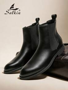 Salkin Vintage Designer Men's Chelsea Boots, Slip-On Style, Pointed Toe Design, Luxury Mid-Calf Ankle Boots, Men's Soft Genuine Leather Boots, Gentleman Business Formal Shoes, Casual Office Party Shoes, Romantic Dinner Date Gift, Back To School Student Shoes, Collegiate Style, Suggest Sizing Up One Size - Black - View 1