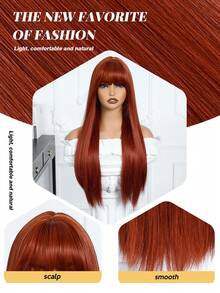 五星级 26 英寸优雅珊瑚橙色假发，带刘海，直发，耐热合成纤维，时尚长假发，适合日常、派对、角色扮演、婚礼、音乐节等场合。 - 珊瑚橙 - 查看 11