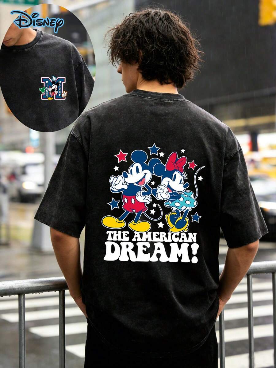 Disney Mickey & Minnie Mouse "The American Dream" Cotton T-Shirt, Fashionable T-Shirt, Retro Mickey Mouse T-Shirt, Men's And Women's T-Shirt, 230G Washed High-Quality Cotton Printed T-Shirt, Magic Kingdom, Disney Family Travel Shirt, Men's Casual Fashion - 黑色 - 查看 1