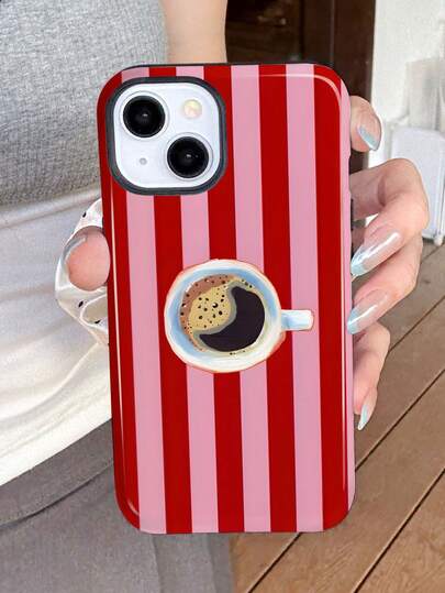 1pc Retro Oil Painting Striped Coffee Pattern Glossy 2-In-1 Filmic Hard Phone Case Compatible With Samsung/Compatible With IPhone 11/12/13/14/15/16/17 Pro Max